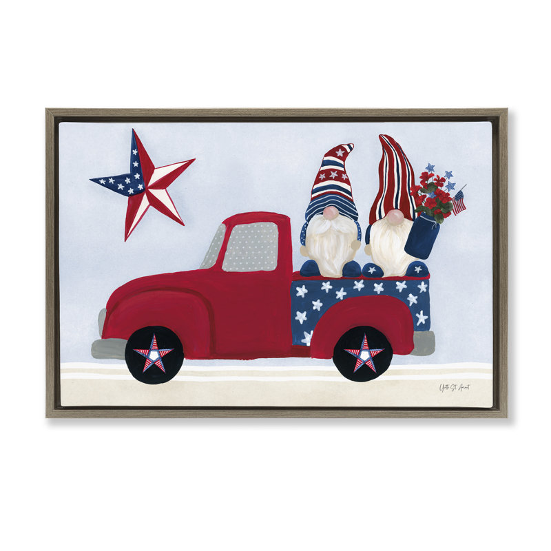  «Patriotic Gnomes in Truck Floater Canvas» par Yvette St. Amant, H 17 po x l 25 po, Cadre flottant orme Montalcino