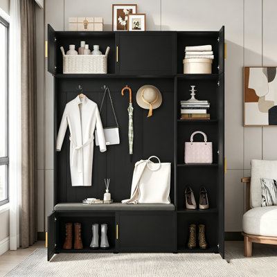 American Style 4-in-1 Hall Tree with Padded Bench, 4 Hooks, and Multi-Tier Storage Shelves for Entryway Organization