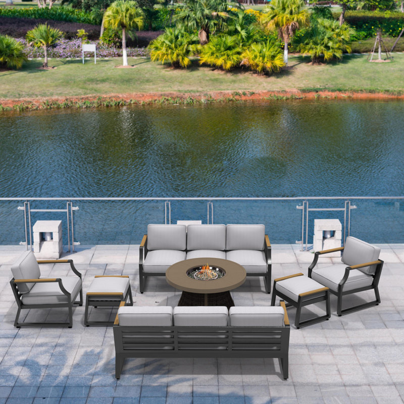 10 - Person Patio Conversation Set with Cushions, Black/Light Brown