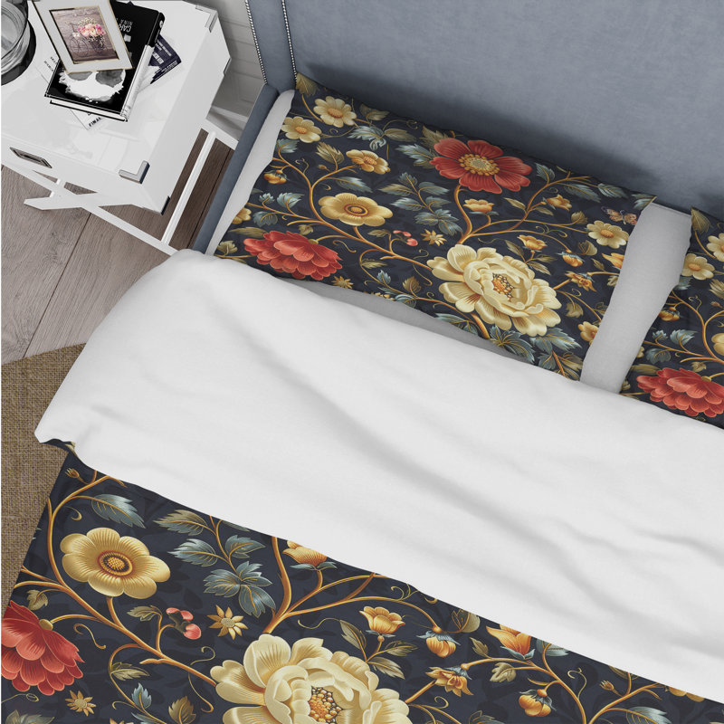 Red Gold Floral Delicate Flowers - Ensemble de housse de couette floral, Housse de couette simple + 2 taies décoratives st