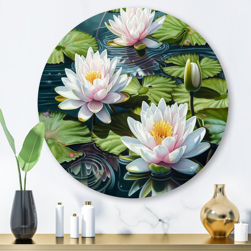«Pink Elegant Lily Pad - Leaves», art mural rond en métal, H 16 po x l 16 po x P 1 po