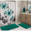 Tapis de bain en chenille épaisse et peluche vert turquoise avec rideau de douche à motifs floraux et crochets - Ensemble de 15 pièces