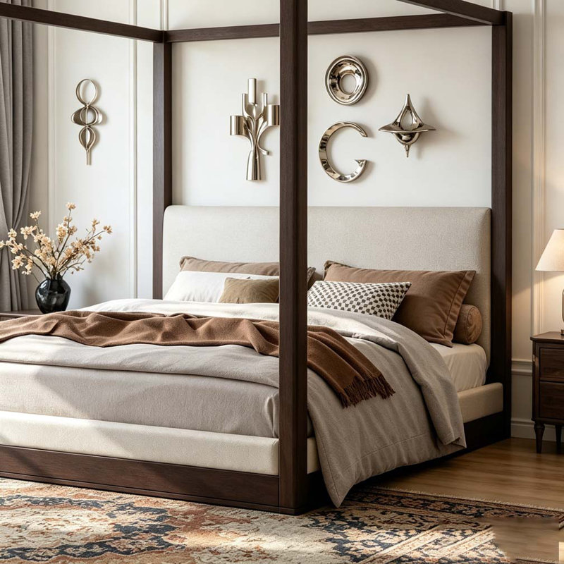 Lit plateforme à baldaquin en bois avec tête de lit tapissier, Très grand lit, Espresso