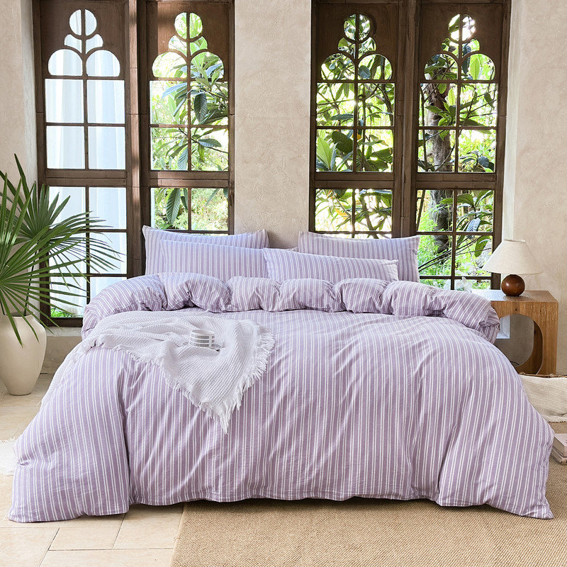 Ensemble de housse de couette rayé 100% coton délavé DONEUS, Housse de couette grand et 2 taies d'oreiller stan