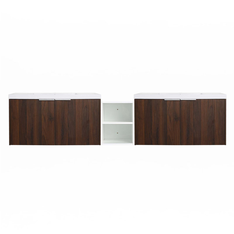 Meuble-lavabo à fermeture en douceur avec lavabo et petites tablettes de rangement, Noyer
