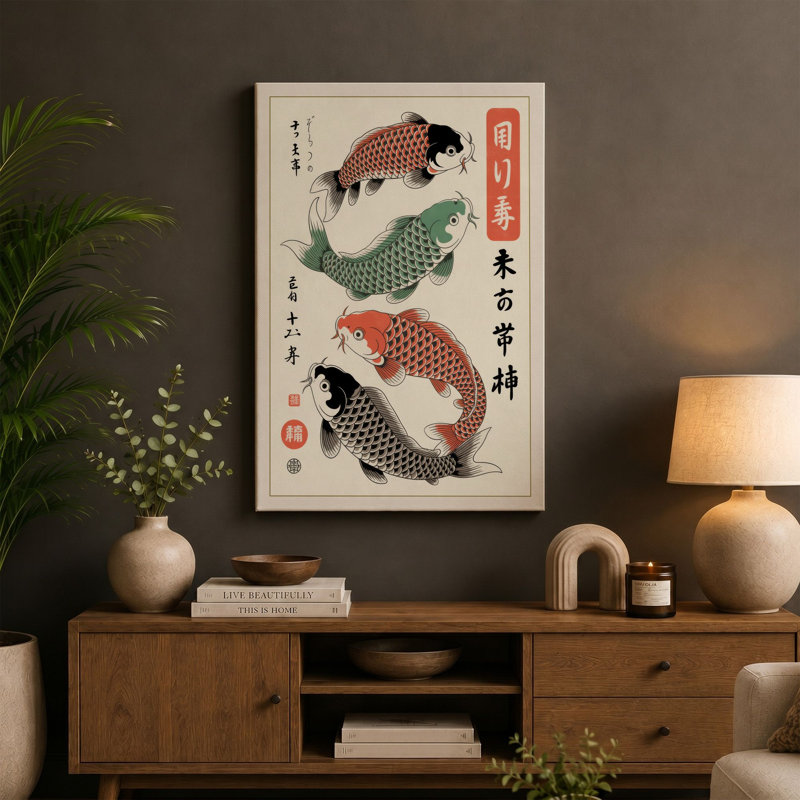 Three Koi in Motion Japandi - Wrapped Canvas, 18x12 - 45.7 x 30.5 cm, Cream Border