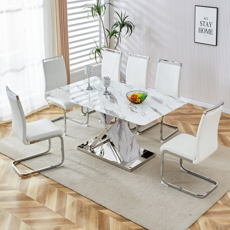 7-Piece Modern Rectangular Faux Marble Dining Set with Cantilever Chairs, White