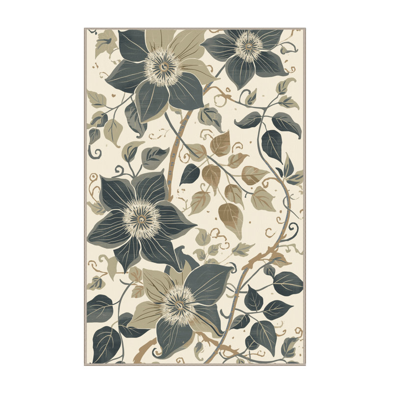 Machine Washable Ottwell Clematis French Country Floral Rug in Beige – Beige Binding, 6x9