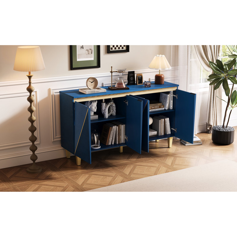 Buffet de rangement 60 po avec 4 portes, pliable, étagères réglables, design bicolore bleu marine foncé, style rétro, fini vieilli, idéal pour le salon.