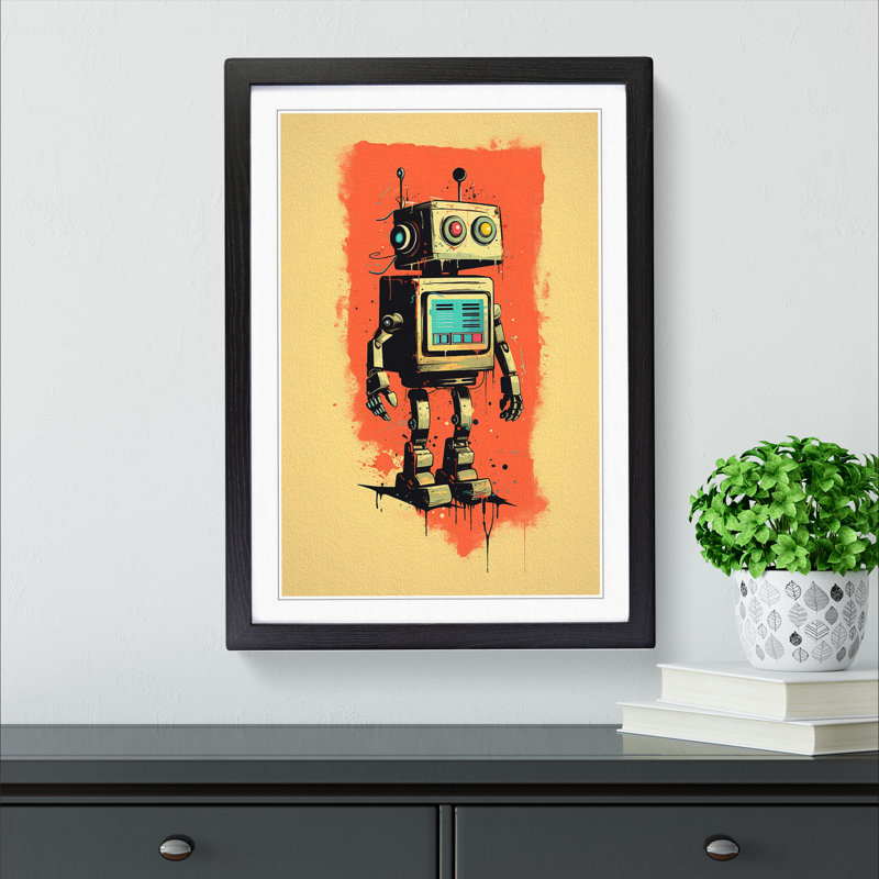 Robot Minimalism - Single Picture Frame Print on Wood, Black , 64cm H x 46cm W x 2cm D