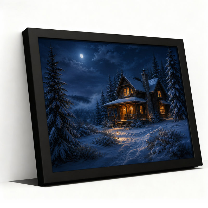 Cabane en bois rond enneigée aux fenêtres illuminées sous une toile murale d'Halloween, 24"H x 36"W