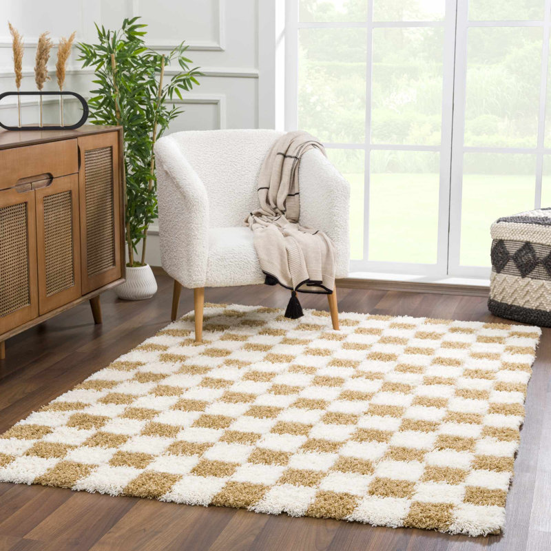 Atiran Checkered Plush Pile Brown Area Rug, Rectangle 6'7" x 9'6"
