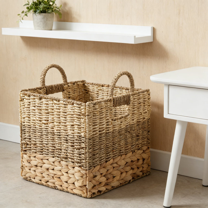 Mixed Weave Storage Basket Set Of 2, Handwoven Natural Wicker Cube Bins For Shelves, Foldable Organizer For Bathroom, Bedroom, Laundry, And Pantry