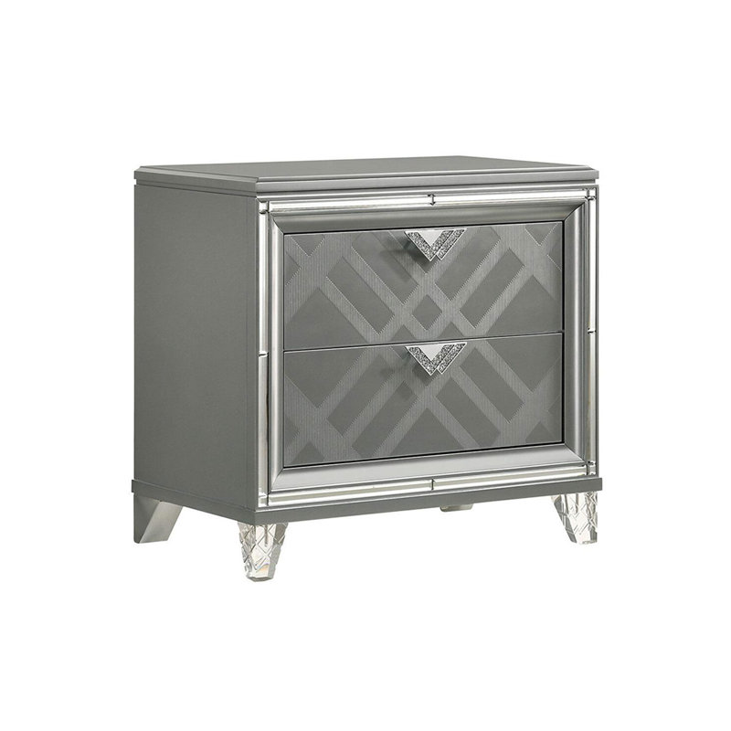 Table de chevet 2 tiroirs avec bordure miroir, argent