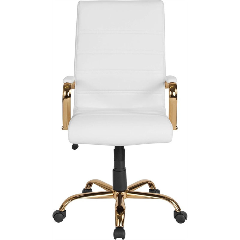 Fauteuil de direction pivotant à dossier haut en cuir blanc EMMA + OLIVER avec structure et accoudoirs dorés, Blanc, Doré