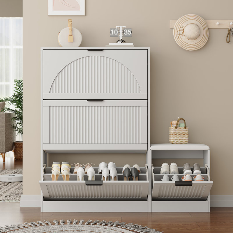 Meuble à chaussures de 124 cm de large pour 24 paires, avec 3 tiroirs à charnières et banc à chaussures, White