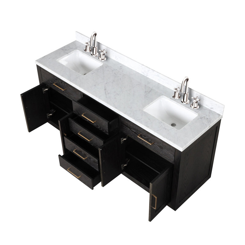 Ensemble de meuble-lavabo double 22 po avec plateau en marbre de Carrare et robinet Abbey, H 34,12 po x l 22 po x P 72 po