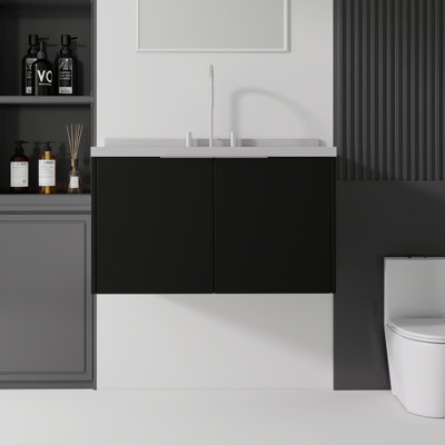 Meuble-lavabo flottant avec lavabo, avec porte à fermeture en douceur, comptoir en granite, contreplaqué, noir