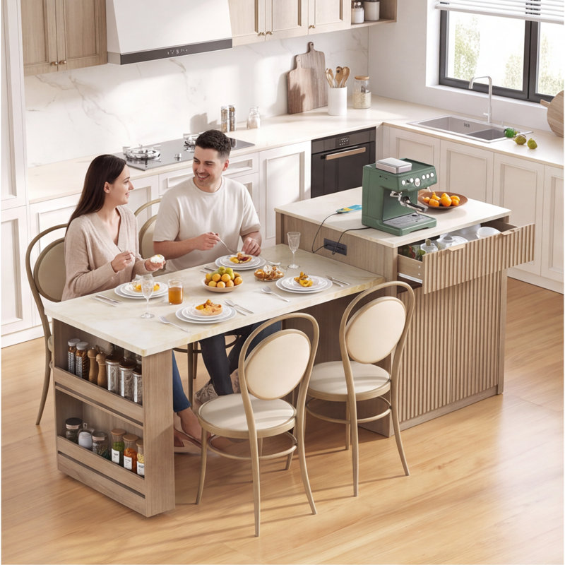 Îlot de cuisine cannelé 82,6 po avec table de salle à manger extensible pour 4 à 6 personnes, prise de courant encastrée et rangement double face, naturel