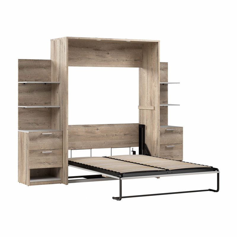 Lit escamotable avec tables de chevet et tablettes flottantes Osterman, Double, Brun rustique et blanc