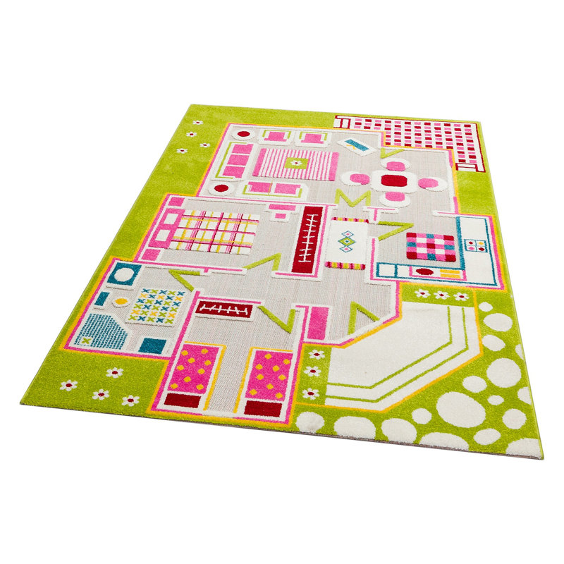 Tapis vert / rose / gris en polypropylène tissé à plat 4 pi 4 po x 6 pi 3 po