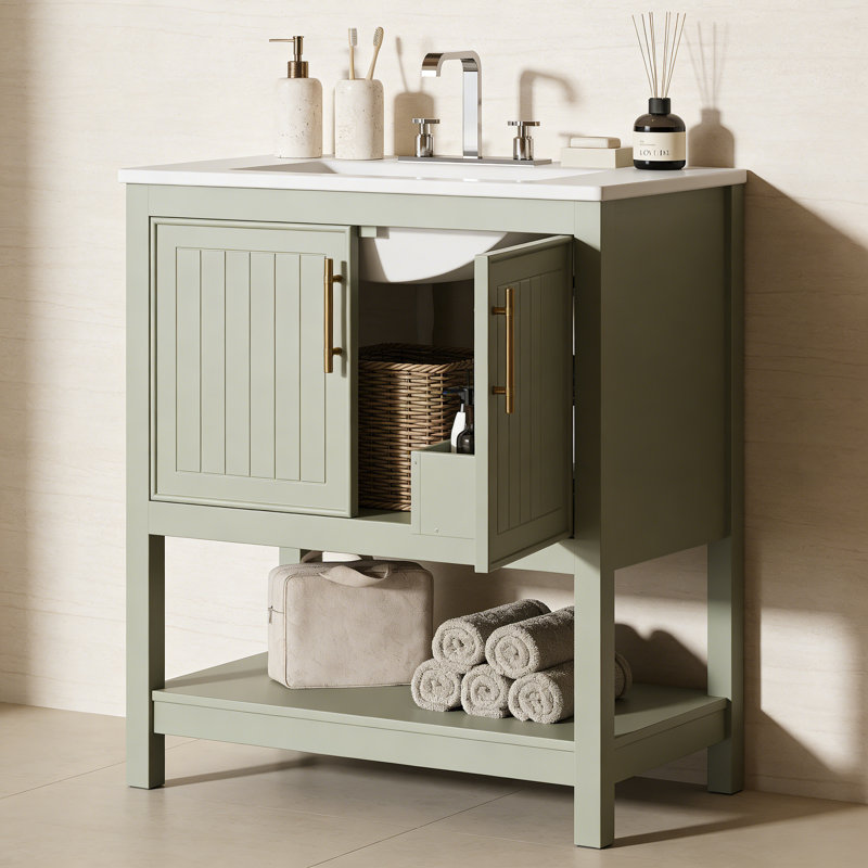 30-Inch Bathroom Vanity with Ceramic Sink and Versatile Storage - Ideal for Small Bathrooms, Green