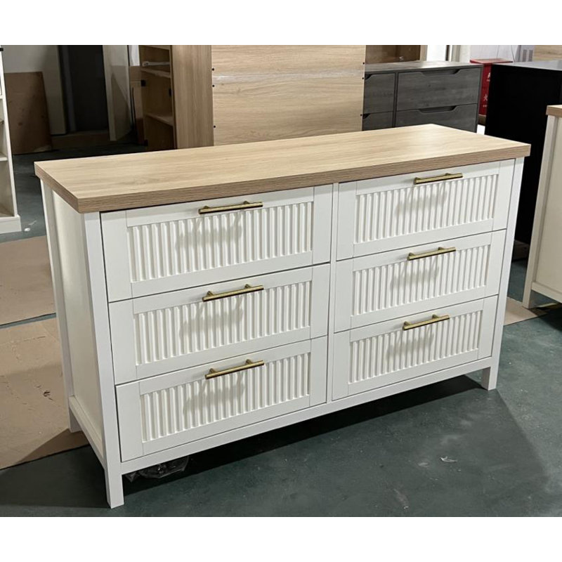 Commode à 6 tiroirs cannelés pour chambre à coucher, commode de style Mid-Century moderne 47,4 po, commode cannelée en bois avec armoire de rangement pour vêtements, organisateur de tiroir pour le salon