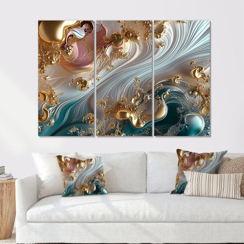 Liquide ruisseaux coucher de soleil rose turquoise or - ensemble d'art abstrait vagues modernes, Toile tendue