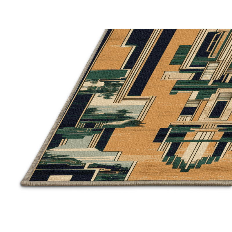 Machine Washable Art Deco Brown Area Rug, Rectangle 8' x 12'