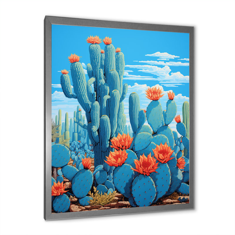 Cerulean Blue Cactus Collage sur toile, H 32 po x l 16 po x P 1 po, Cadre simple argenté