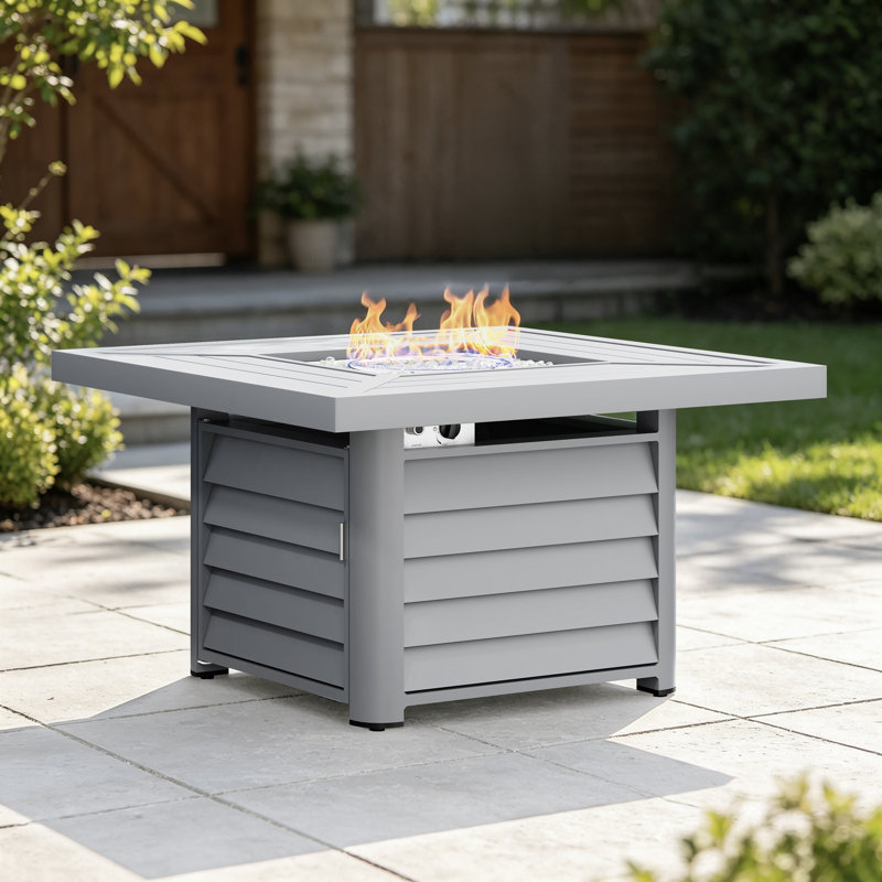 Baecher Aluminum Propane Outdoor Fire Pit Table with Hidden Fuel Tank Storage & Lid, 24.61" H x 41.9" W x 41.9" D, Light Gray