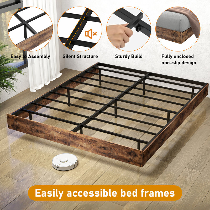 Floating Bed Frame with LED Lights Metal Slats Underbed Storage Space No Box Spring