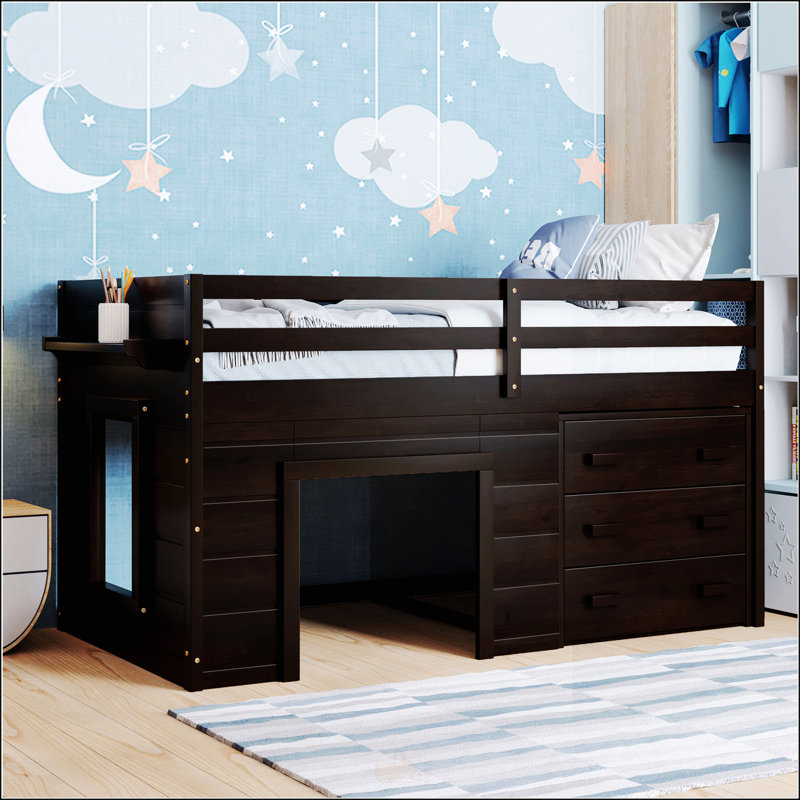 Lit mezzanine simple avec armoire et tablette