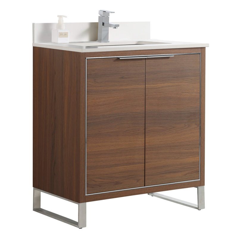 Geryl Free Standing Single Bathroom Vanity with Stone Top, Chrome, Walnut Ebony, 30"W