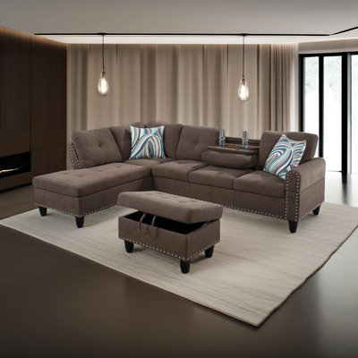 Canapé modulaire en tissu brun avec repose-pieds