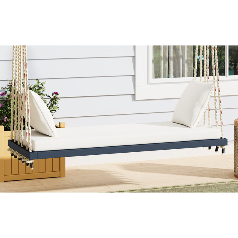 Balancelle de patio avec structure en bois, assise spacieuse et coussin moelleux, deux coussins, cordes de 10,8 pi, capacité de 400 lb, couleur grise, cadre d'installation de 30 minutes, cordes de chanvre confortables pour la cour