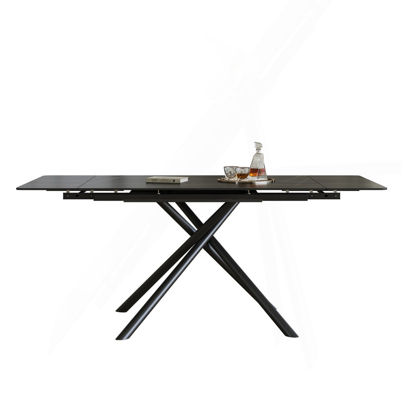 Retractable Sintered Stone Dining Table, Modern Rectangular Design, With Black Carbon Steel Legs At The Bottom, 83 Inches Suitable For 6-8 Seats