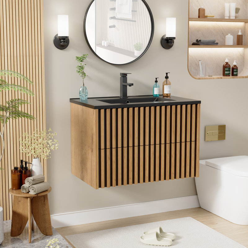 30" Wall Mounted Bathroom Vanity Set With Sink Top, Faucet And Drain, Floating Cabinet, Oak