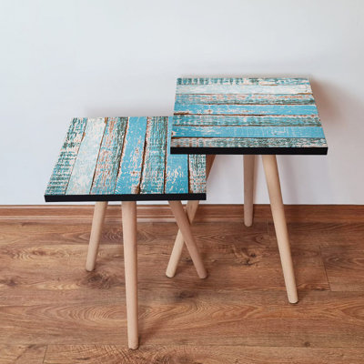 Ensemble de tables gigognes modernes (2 pièces), bleu et blanc, 13,8 x 18,5 x 13,8 pouces et 13,8 x 16,5 x 13,8 pouces | 100% panneau de fibres à densité moyenne avec pieds en bois de hêtre, design géométrique élégant | Parfait pour les salons et les bureaux