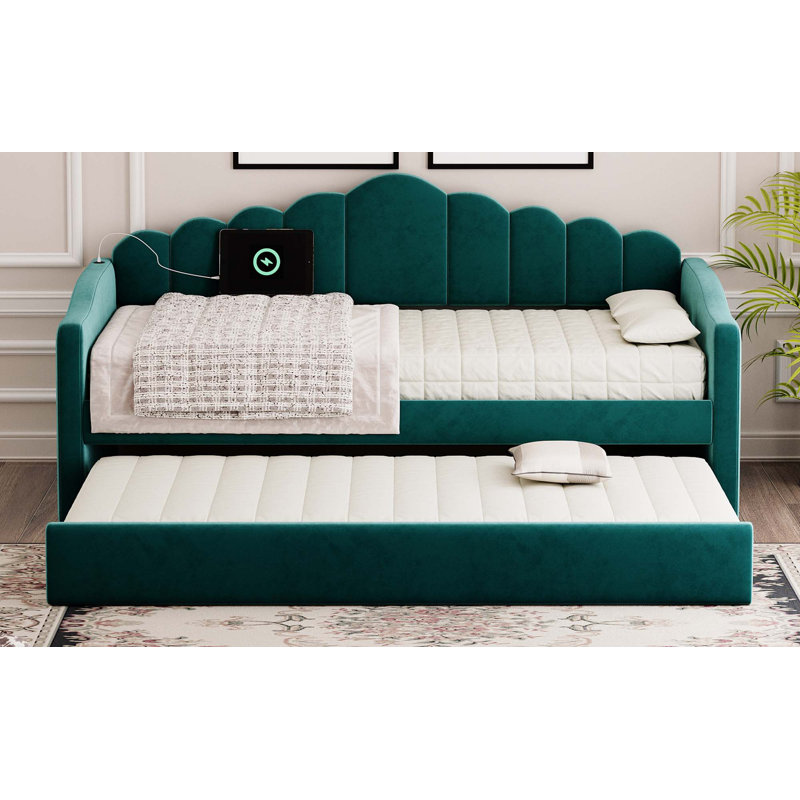 Lit de jour simple rembourré avec couchette, canapé-lit en velours avec ports de chargement USB, aucun sommier nécessaire