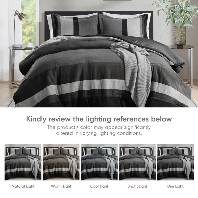 Boulder Striped Microsuede Plush Comforter Set in Farmhouse Style, Black, Full/Queen Comforter + 2 Standard Shams