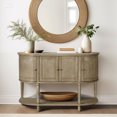 Accent Cabinet With Lower Shelf, Curved Demilune Design, Gold Metal Knobs, And Adjustable Shelves For Elegant Storage.