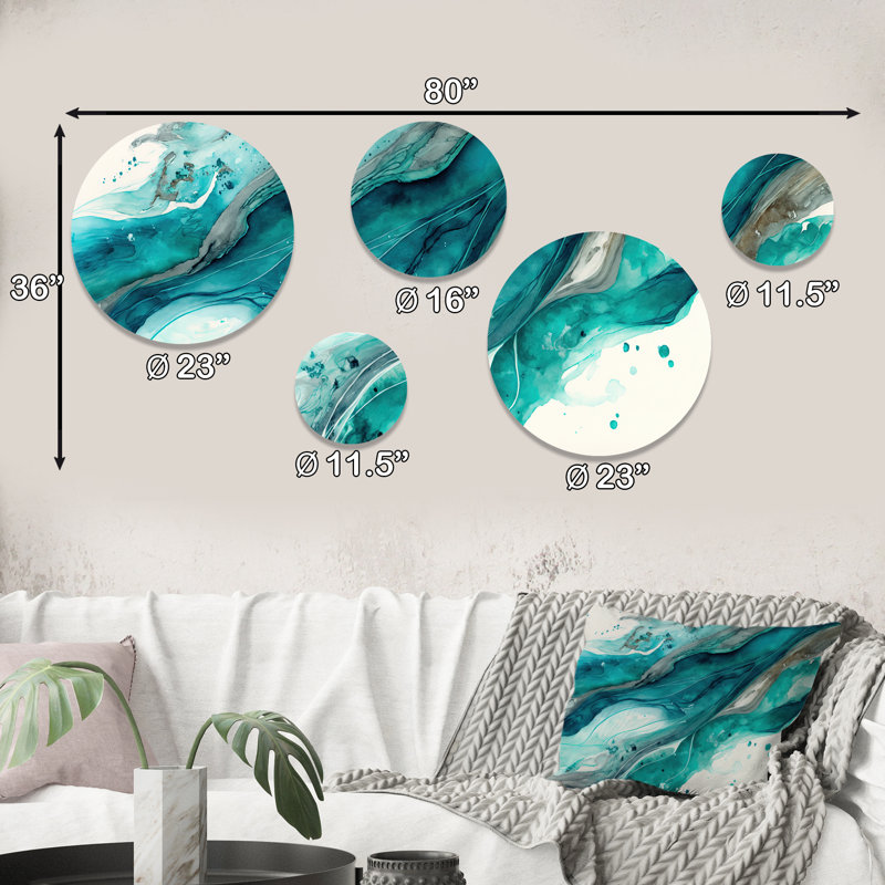 5 Turquoise Waves In Paradise V - Coastal Round metal Wall Decor Set 