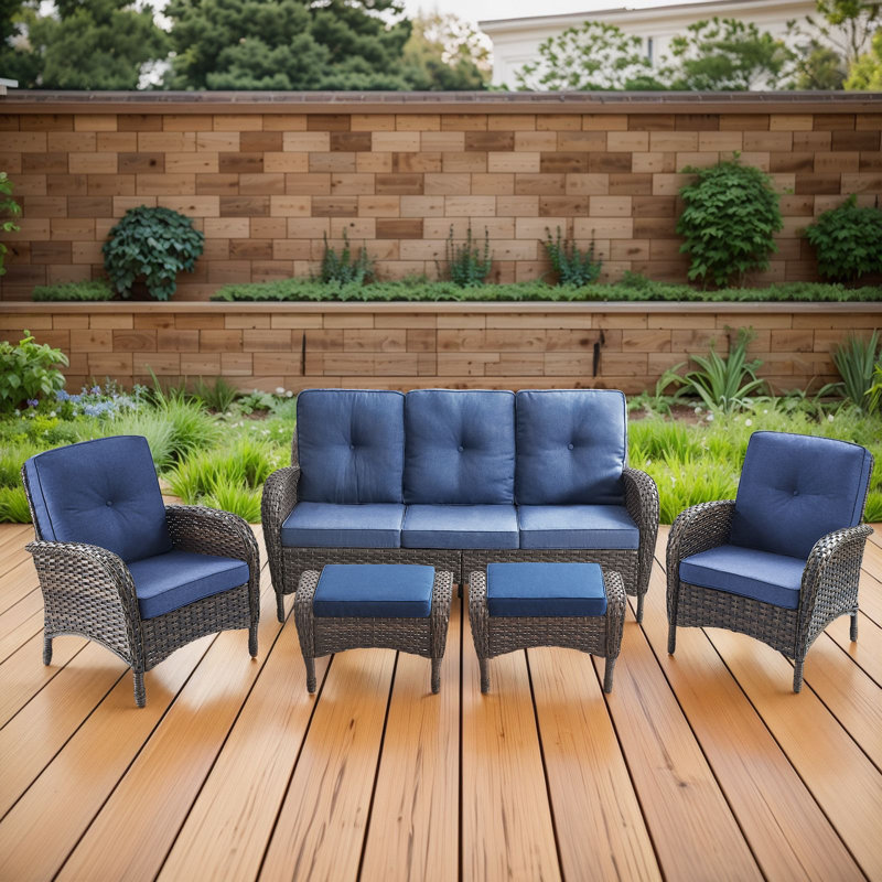 Valierius 5-Piece Outdoor Wicker Patio Furniture With 3 Seat Sofa, Rattan Coversation Set With Water Resistant Cushions, Blue