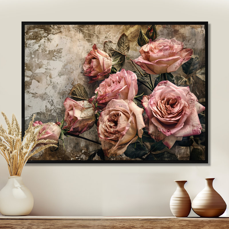 «Pink Rose Vintage Grunge - Roses», reproduction d'art sur toile encadrée, Toile avec cadre flottant noir