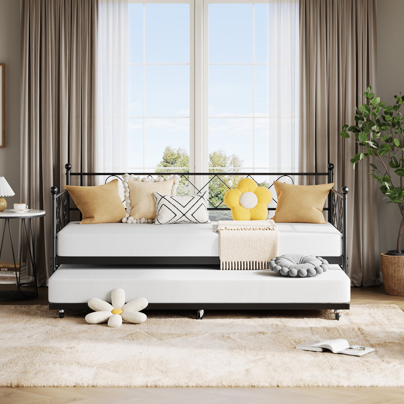 Twin Metal  with Trundle. Steel Slat Support. Metal Sofa Bed Frame. Heart-Shaped Headboard. Space-Saving Sofa Bed for Bedroom Living Room Guest Room. Easy Assembly