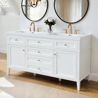 Meuble-lavabo double lavabo de 150 cm (59,1 po) avec lavabo en résine, 3 tiroirs et 2 portes, blanc