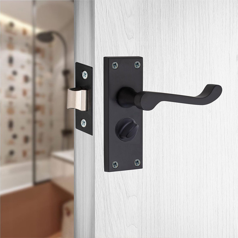  Victorian Scroll Privacy Door Handle in Matt Black Finish with 3" Ball Bearing Hinges & 2.5" Tubular Latch - 120mm x 40mm Backplate