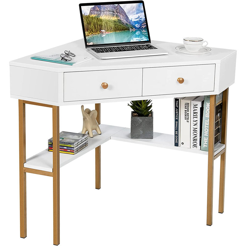 Ceti Corner Computer Desk, White, Gold/White