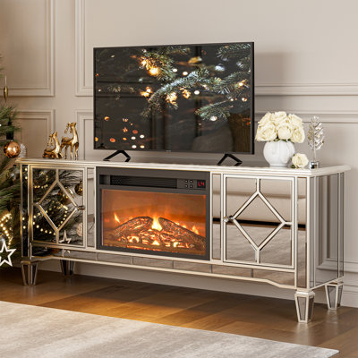 Silver Mirrored Fireplace Tv Stand For 65+ Inch Tv,  Modern Tv Stand Entertainment Center With Cabinets For Living Room